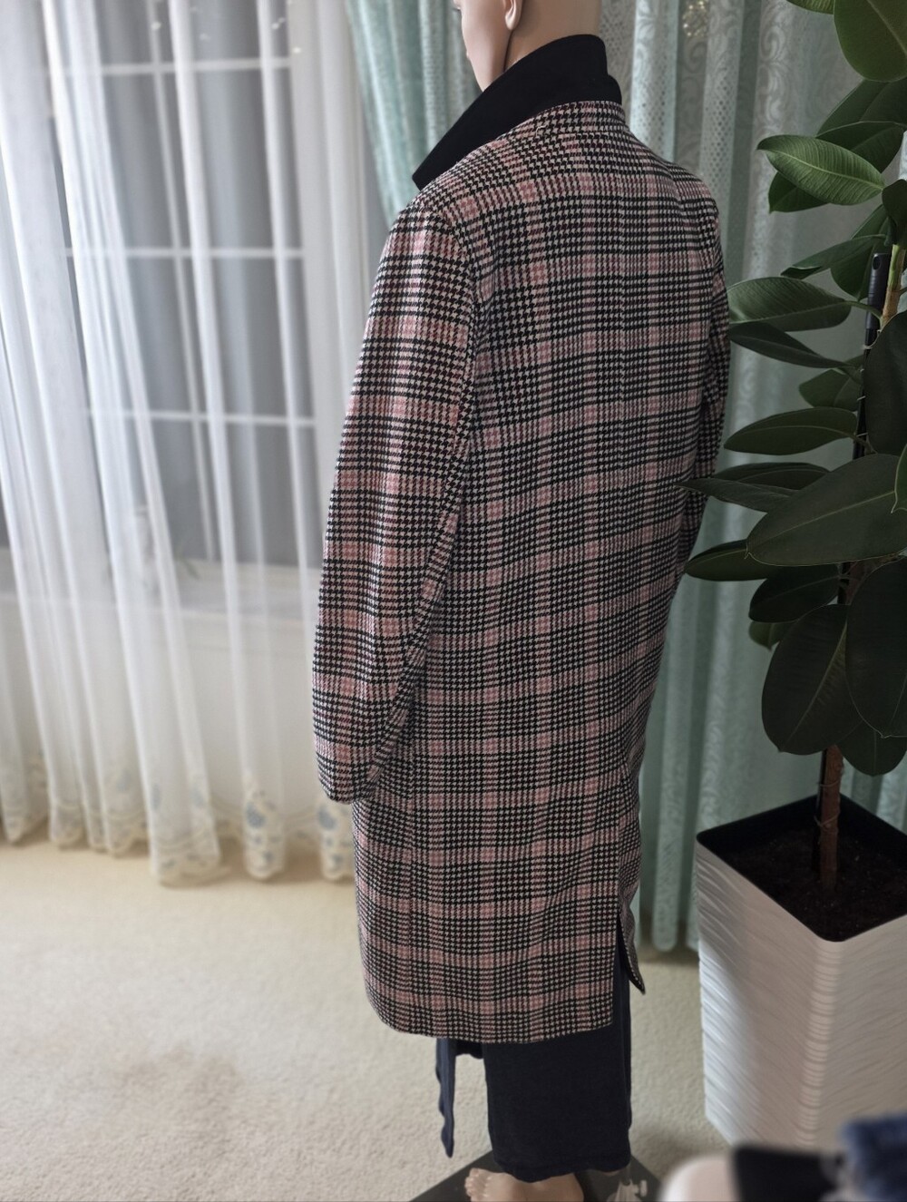 Pink Black Plaid Longline Coat Jacket Size M - Picture 5 of 8